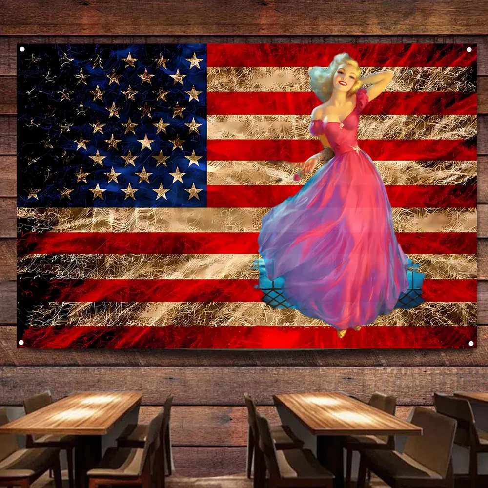 Funny Pin Up Girl Artwork Tapestry Vintage Wall Art Posters & Prints USA Flag Wall Decor Banner For Pub Beer House Room Office