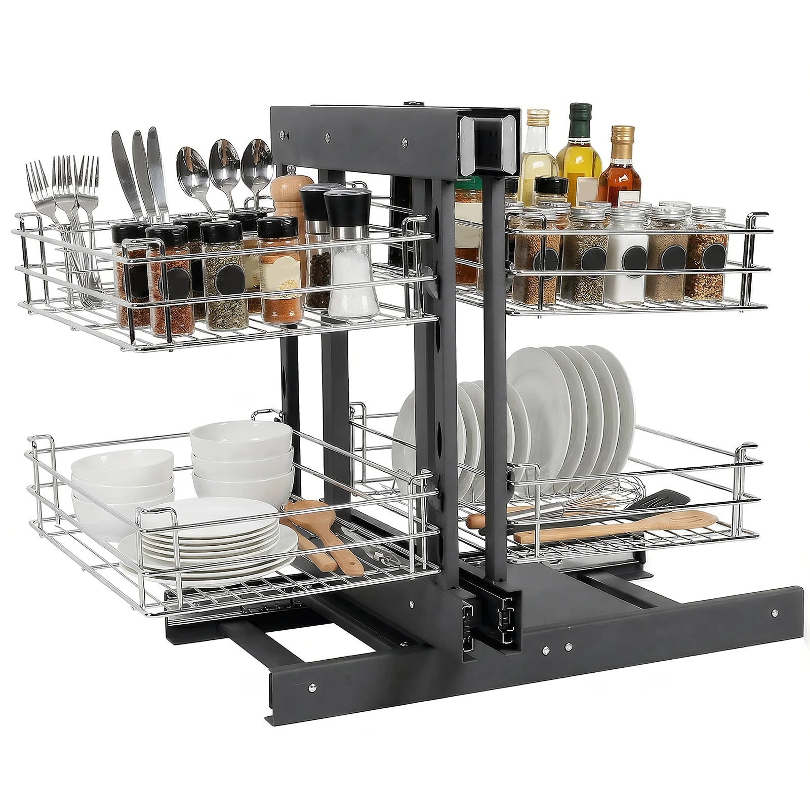 

Двухуровневая выдвижная корзина-органайзер с демпфером и 4 полками для слепых углов кухни или ванной комнаты