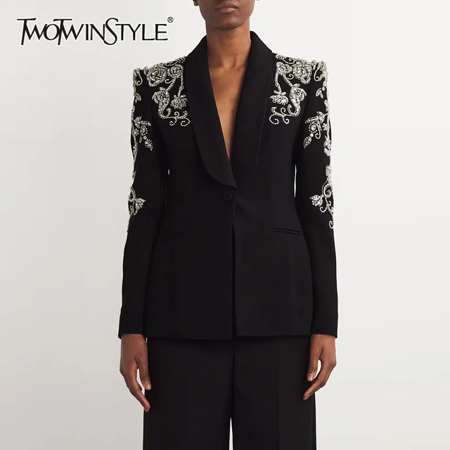 TWOTWINSTYLE solidna patchworkowa na co dzień diamentowa marynarka dla kobiet szalowy kołnierz z długim rękawem Temperament marynarki moda damska nowość