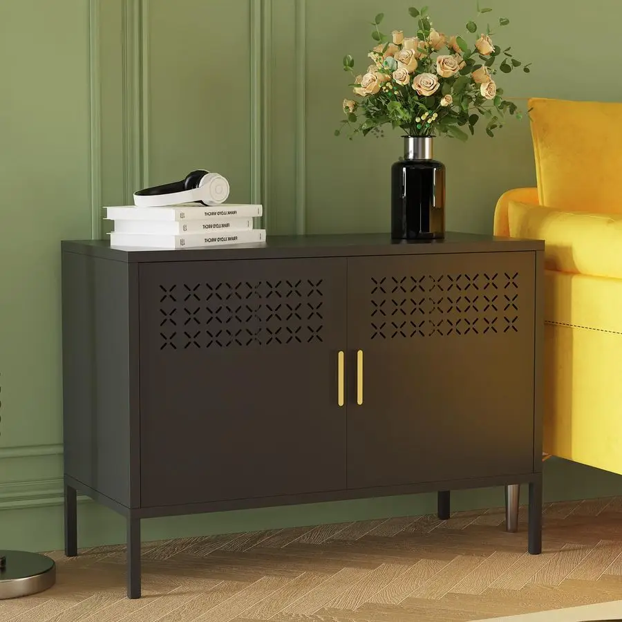 خزانة، خزانة تخزين معدنية مع بابين، إغلاق مغناطيسي، رف قابل للتعديل، حوامل تلفزيون، منضدة معدنية fo