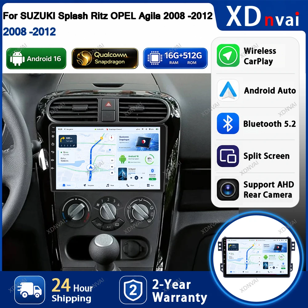 Android 16 For OPEL Agila SUZUKI Splash Ritz 2008 2010 - 2014  Car Radio Multimedia Video Player GPS Carplay 5G WIFI Qualcomm BT