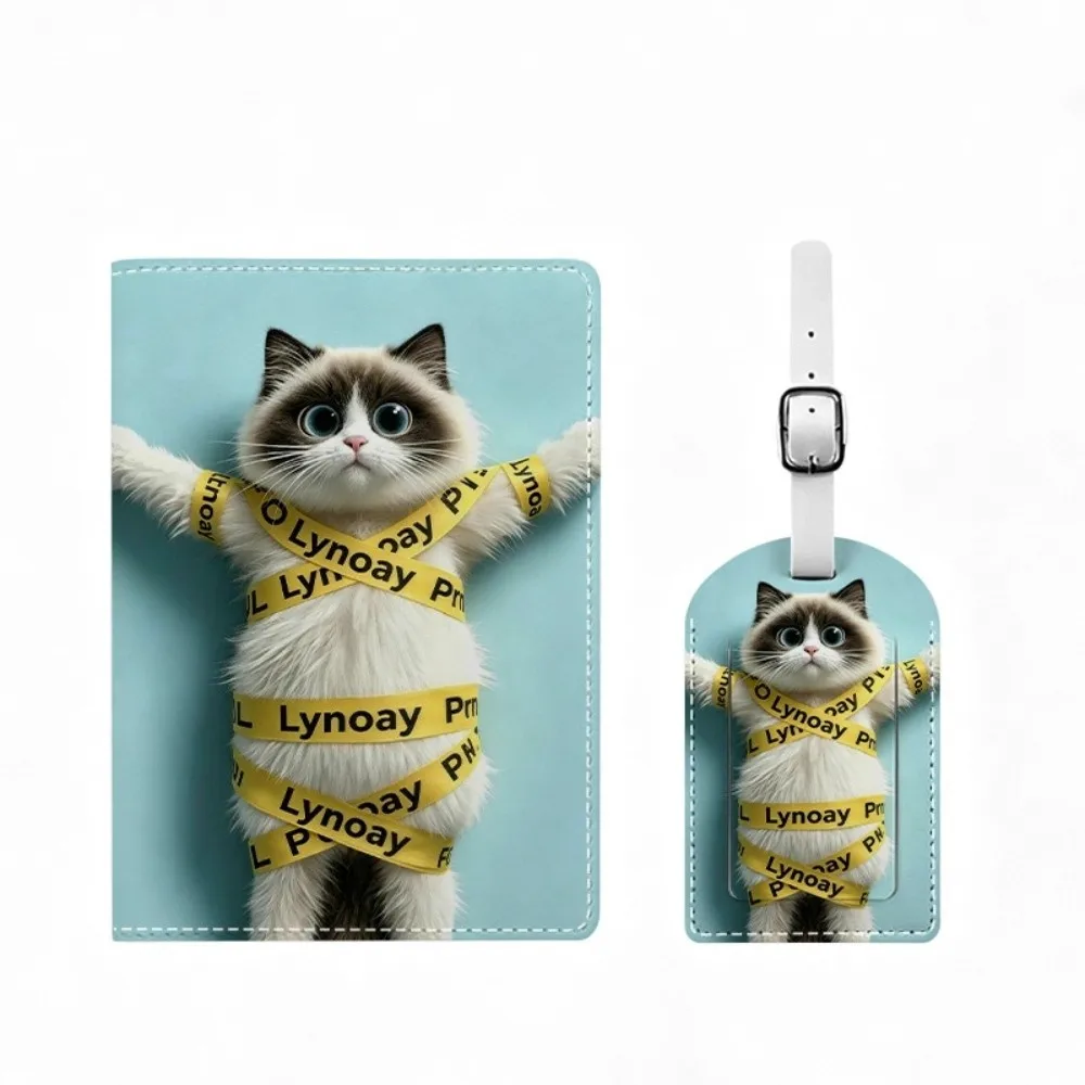 Cartoon PU Leather Passport Bag Passport Tag Set Luggage Tag Portable Card Holder Koala Kitten Pattern Lightweight Coin Pouch