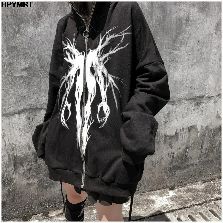 Autumn Fashion Punk Graphic Print Hip Hop Zipper Hoodie Men Women Harajuku Oversized Hooded Sweatshirt Gothic Vintage Streetwear