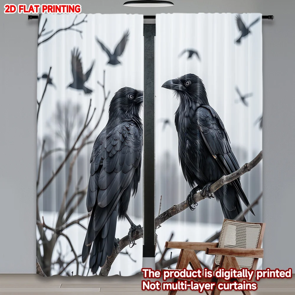 

2D flat printing 2pcs Window Curtains Ravens on Winter Branches Digital Printed Polyester Drapes Birthday Party for Photo Booths