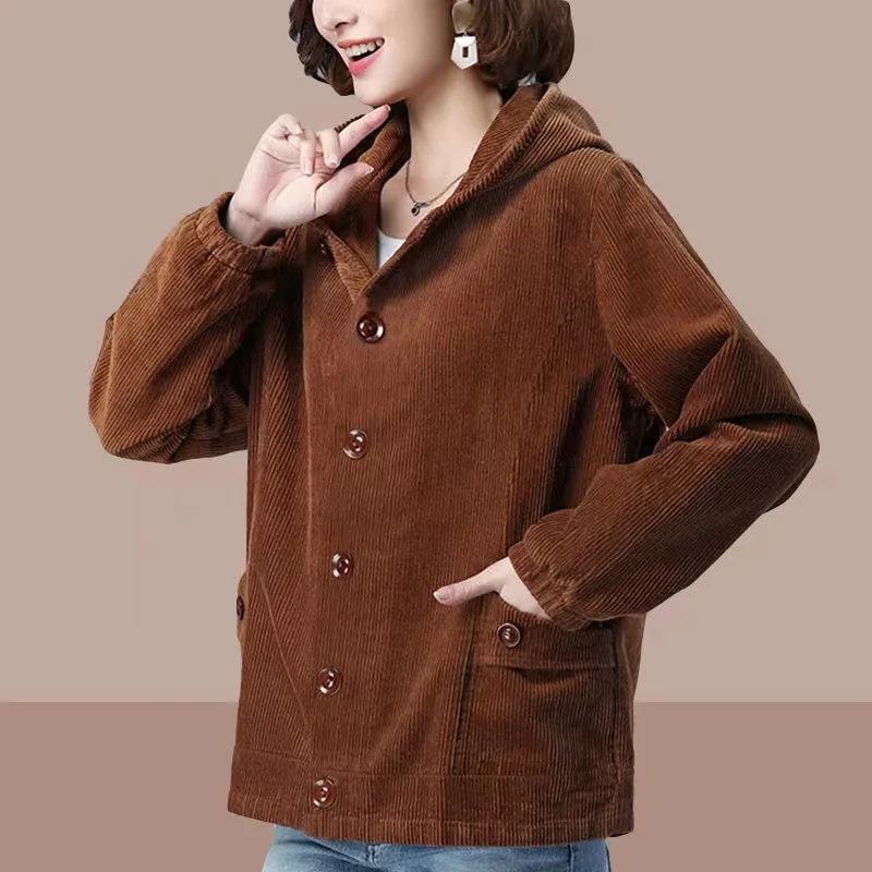 Corduroy Hooded Jacket Women Blazer Jakcet Brand New Women\'s Corduroy Coat Autumn and Winter Long Sleeve Retro Temperament Suit