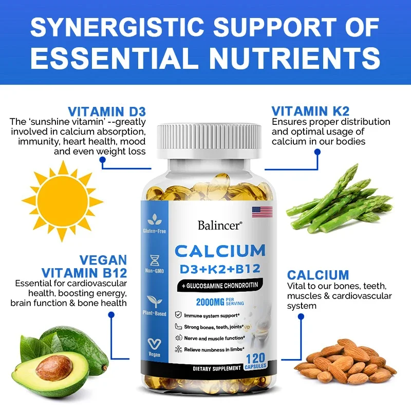 Glucosamina Condroitina, Cálcio + Vitaminas D3, K2, B12, Suporta Osso, Dentes, Saúde Muscular