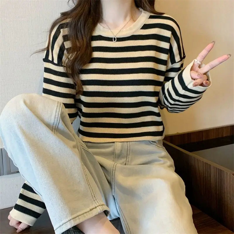 Sweet Striped Contrast T Shirts Spring Autumn New Long Sleeve Loose Youth All-match Korean Tops Fashion Casual Women Clothing