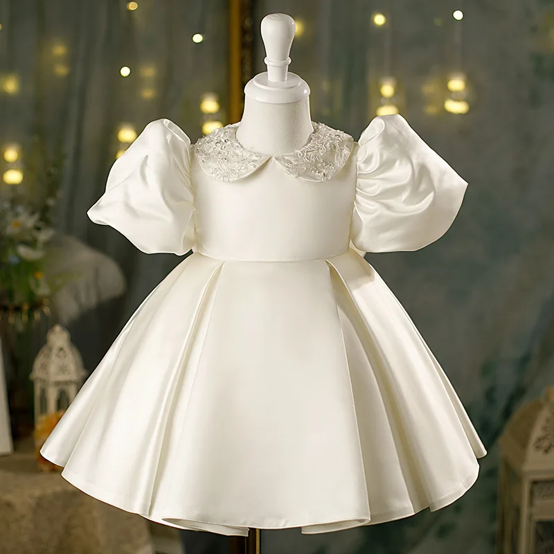 

Детское атласное платье принцессы с кружевом и бисером для девочек, платье для первого причастия, бальное платье, платье для свадебной вечеринки, наряд на день рождения