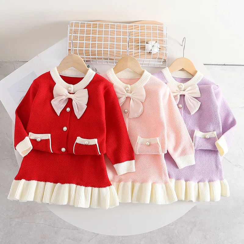 Knitted Suit Autumn Children Suits Kids Girls Casual 2 Pieces Sets Knitting Sweater+Skirt Baby Winter Girls Baby Clothes Sets