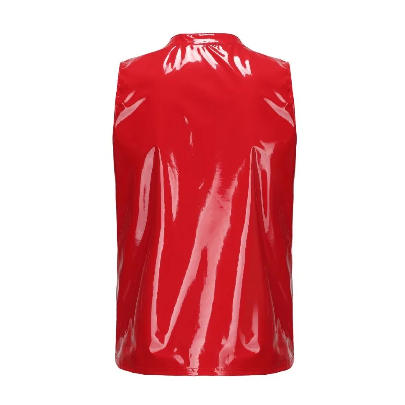 Plus Size Mens Red Black Glossy PVC Leather T-shirts Sleeveless Zipper Shiny Leather Tank Tops Sexy Crewneck Tees For Male