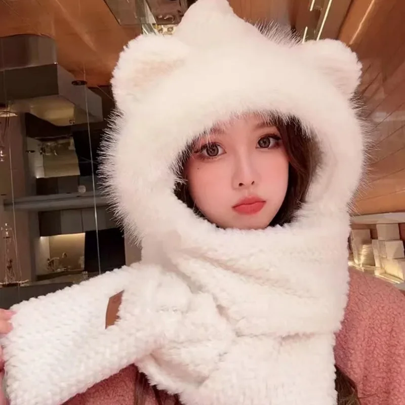 Sciarpa invernale calda da donna Cappello di protezione per le orecchie in peluche di pelliccia carina Sciarpe con cappuccio per berretto da sci all'aperto a prova di freddo femminile