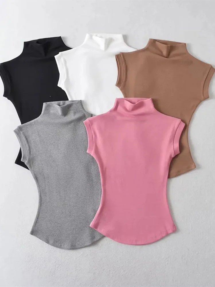Damskie letnie seksowne koszulki z golfem bez rękawów topy jednolita, slim fit swetry koszulki na co dzień koszule damskie Streetwear podstawowe koszulki