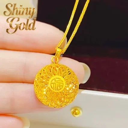 

ShinyGold Premium 9999 women's gold necklace, life blessing 24k real gold hollow silk round pendant, perfect giftAU750
