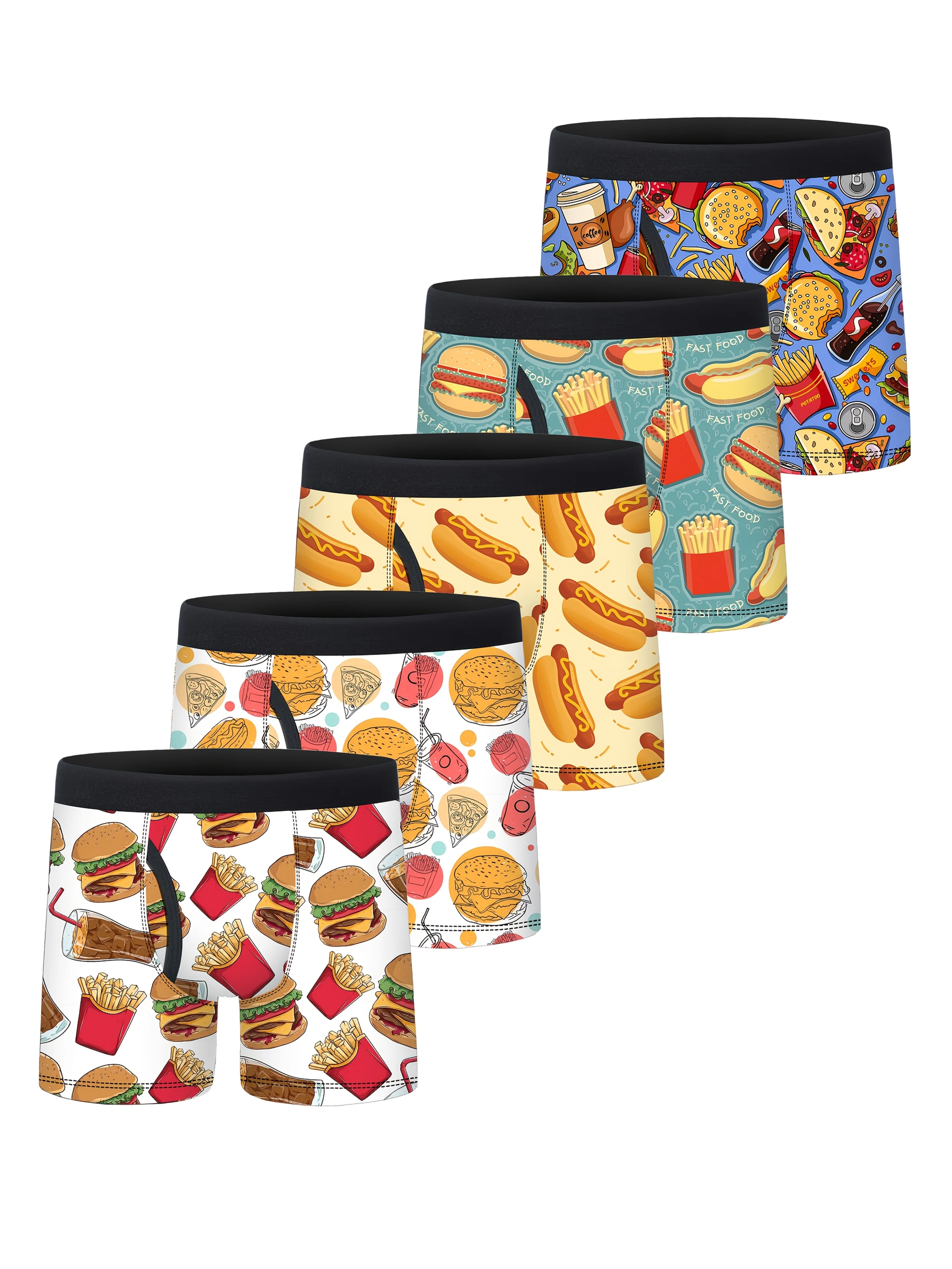 5Pcs Boys Boxer Briefs Funny Fast Food Print Kids Underwear Soft High Elastic Hamburger Fries Hotdog Style Children's Panties