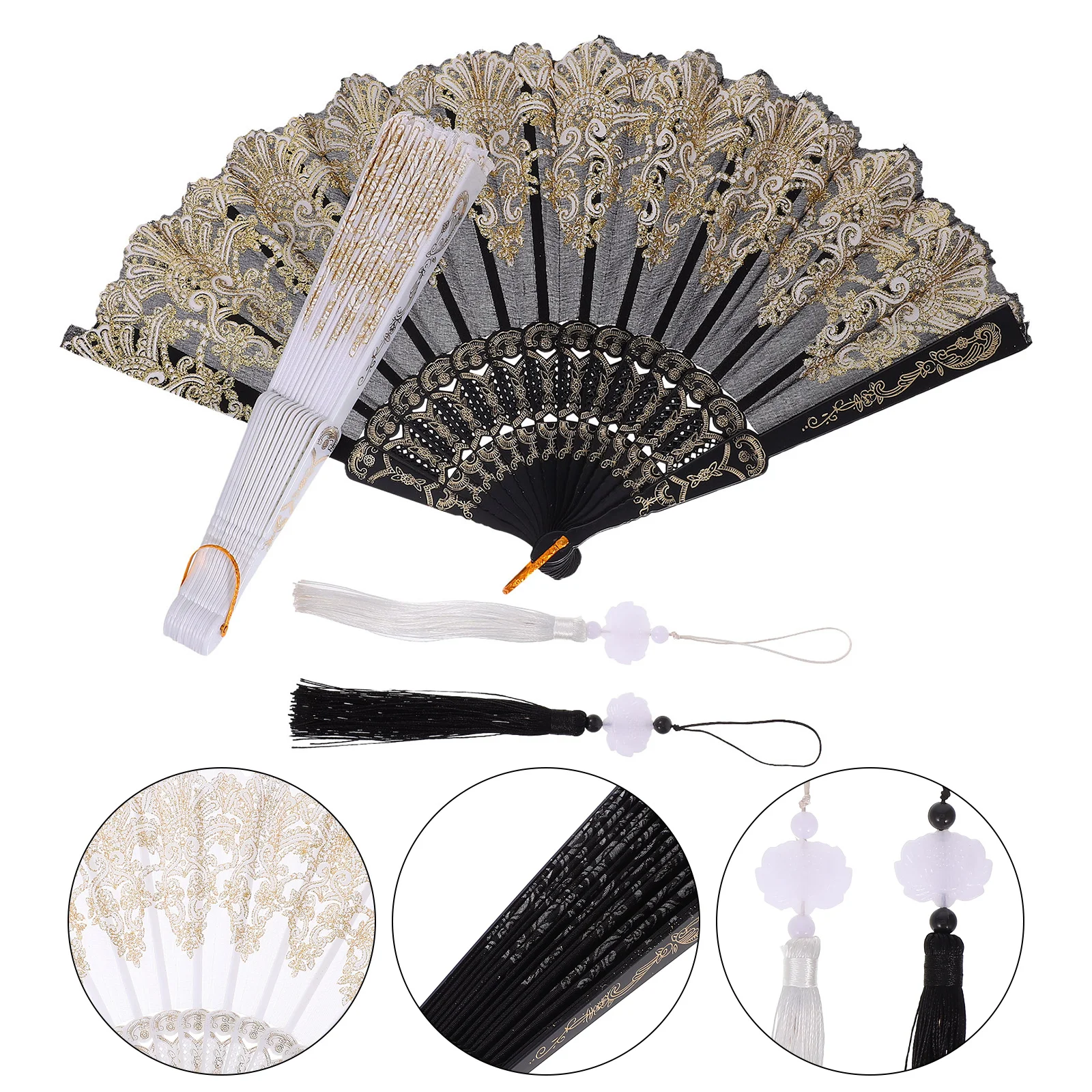 

2Pcs Gold Tassel Folding Fan Embroidered Vintage Handheld Fan Lightweight Portable for Wedding Party and Photography
