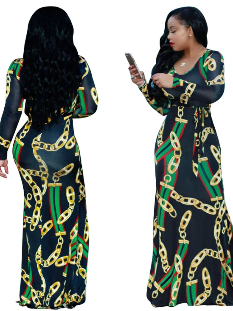 

African Dress Women Dashiki Long-sleeve Digital Print Maxi Dresses Elastic Trend Robe Africaine Vetement Femme Traje Africano