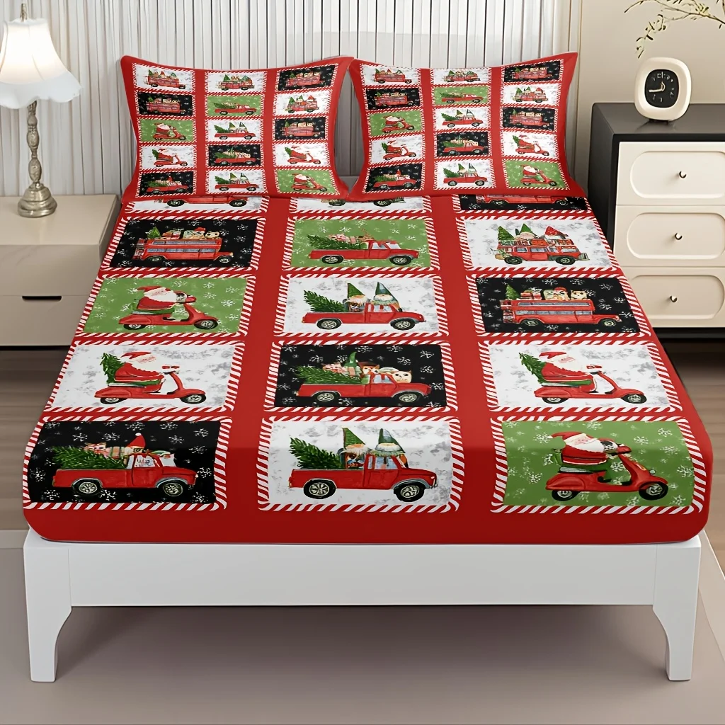 Protector de Colchón con Diseño Navideño de Auto Rojo, Escena de Nieve, Elfos y Animales del Bosque, Material de Poliéster Transpirable (incluye 1 sábana ajustable + 2 fundas de almohada). Protector de colchón, sábana ajustable con bordes elásticos, funda protectora, cubrecolchón, ropa de cama ajustable, ropa de cama con temática navideña
