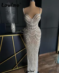 Pearl Beaded Arabic Party Dress Off White Sequins Crystal Formal Occasion Evening Gowns 2024 Tassels Prom Dresses Robe De Soiree