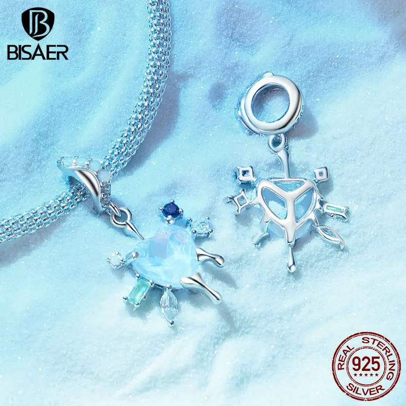 BISAER 925 Sterling Silver Winter Snowflake Charm Bead Bule Ice Flower Pendant Fit Women Girls DIY Bracelet Fine Jewelry Gift