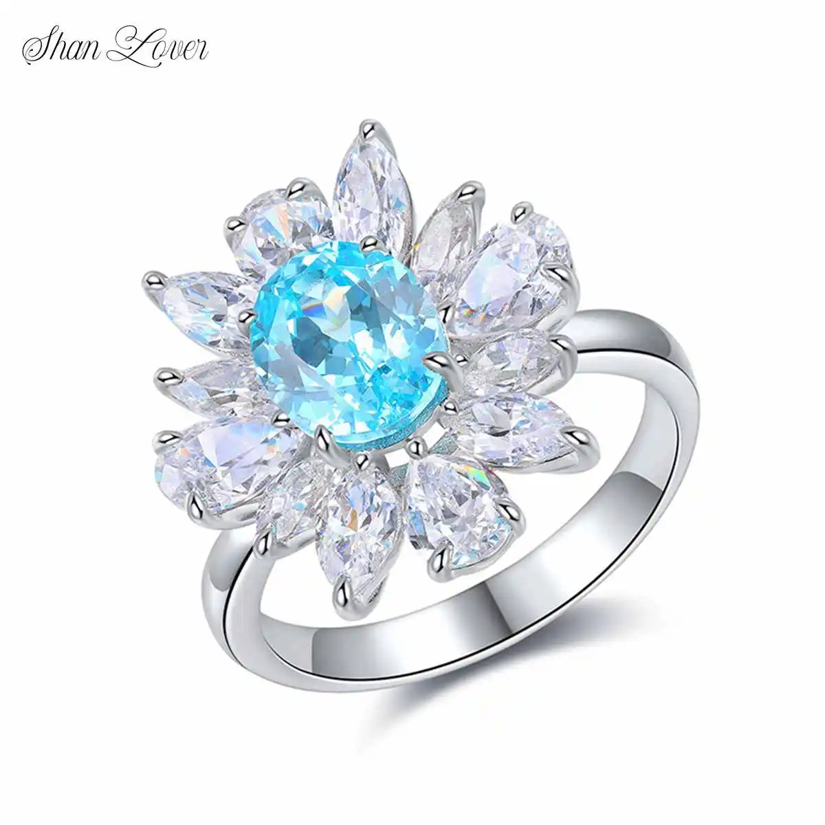 

ShanLover Brand Cultivates Light Blue Flower Ring 925 Silver Ring 2.7 Carat Lab Grown Paraiba Recycled Colored Gemstone
