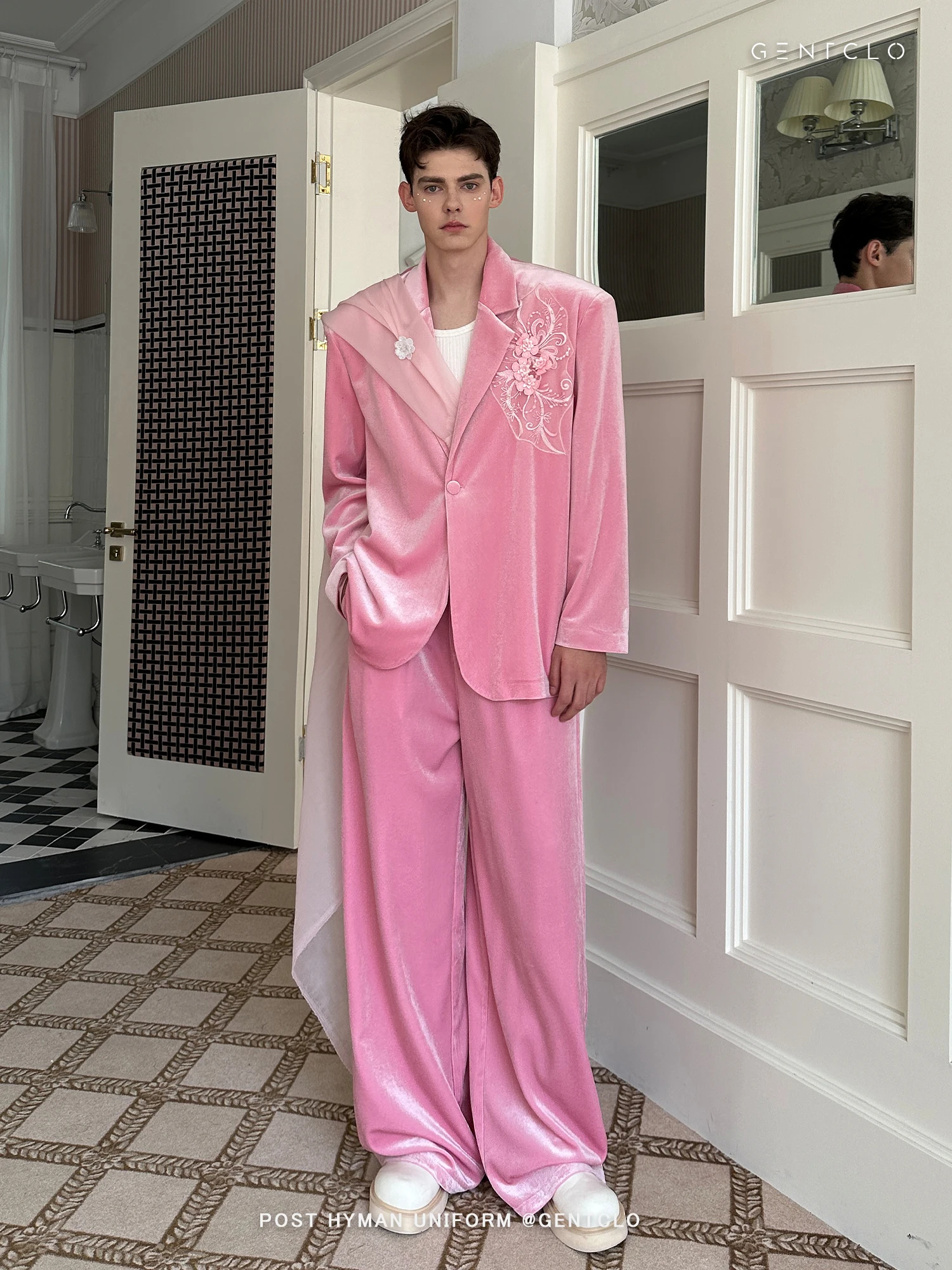 

High-End Men's Velvet Suit Trendy Pink Two-Piece Set with Jacket And Wide-Leg Pants