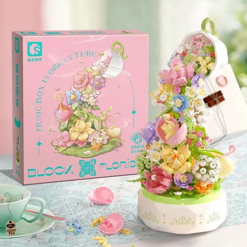 

Flower Bouquet Music Box Building Blocks Bouquet Home Decoration Flower Model Assembling Bricks Toys Creative For Kid Gift