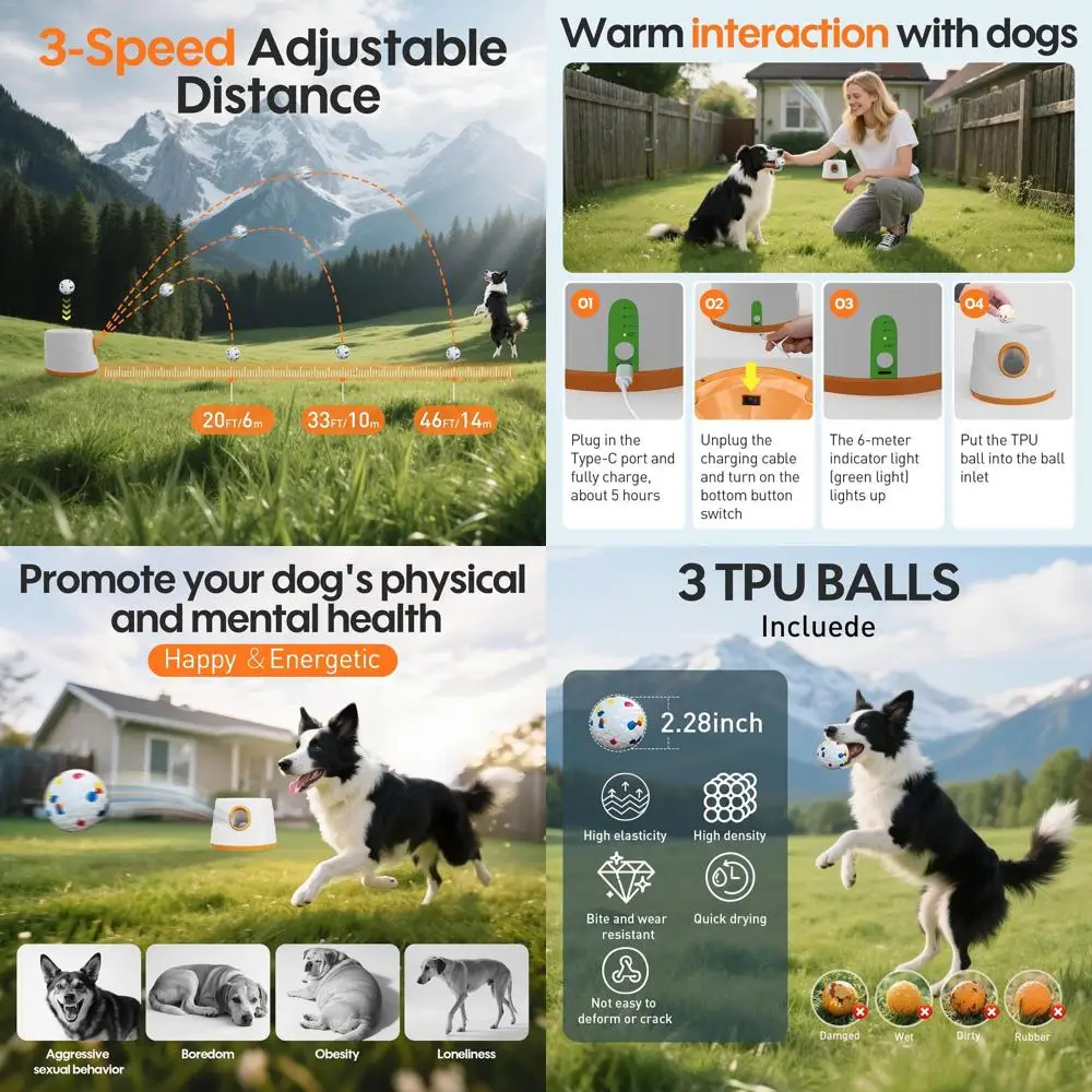 

Interactive Dog Ball Launcher - Mental Stimulation Toy, Adjustable Throws up to 46ft