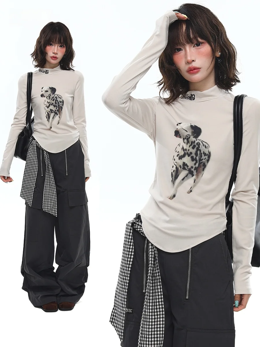 

Женская приталенная футболка Sanowers American Sle Long Sve с высоким воротником и принтом, весна-осень