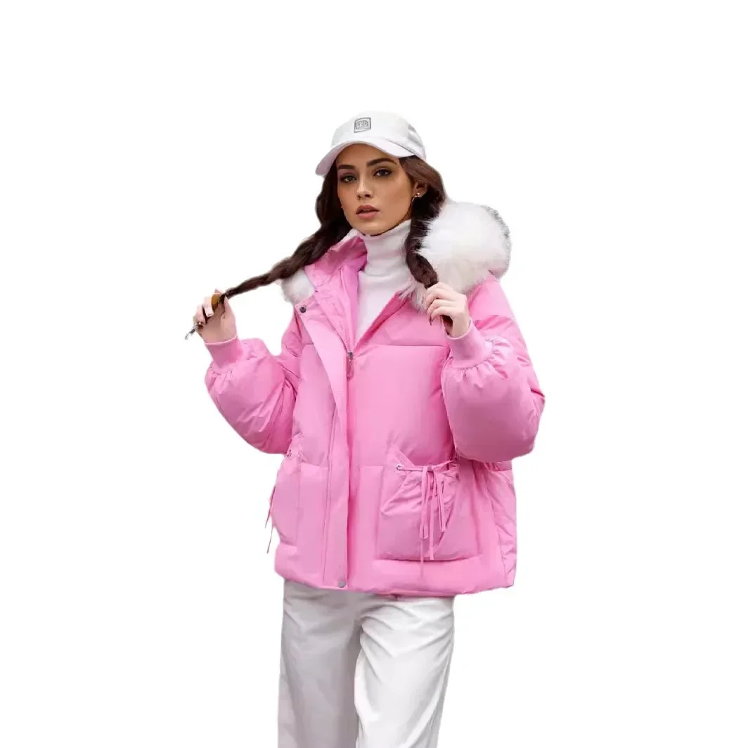 Pop 2025 inverno nova jaqueta feminina gola de pele engrossar quente parkas casacos feminino bowknot 2 bolso jaqueta de algodão casaco feminino