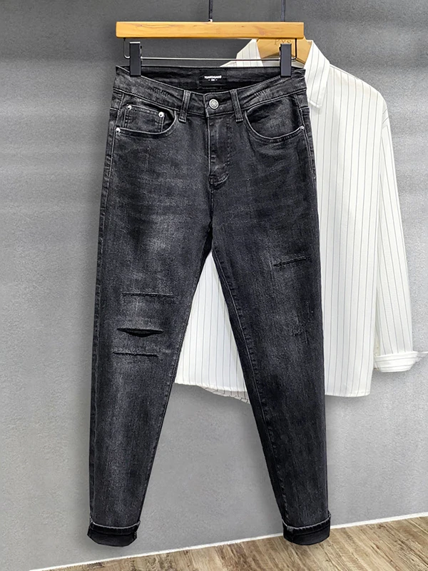 

Мужские джинсы Slim Fit: модные черные джинсовые брюки в стиле High Street, осенняя коллекция, с эластичным поясом, прямые штанины