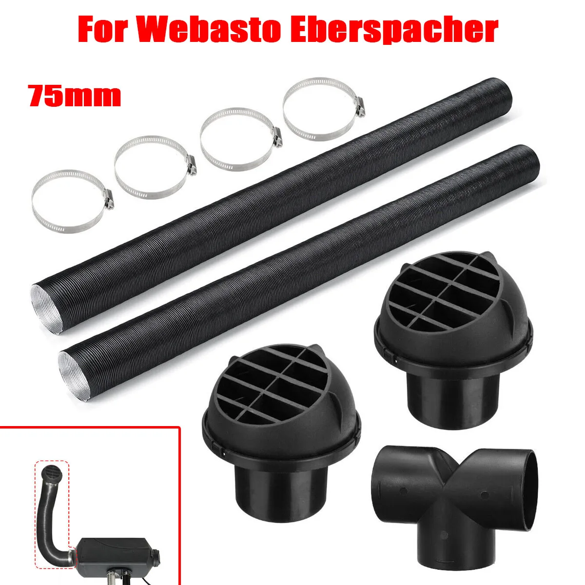 75mm Car Auto Heater Pipe Duct T Piece Warm Air Outlet Vent Hose Clips Set For Parking Diesel Heater