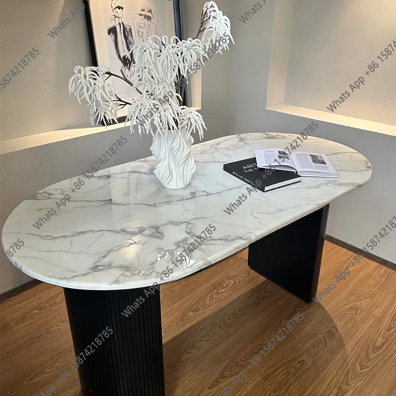 AFrench black marble high-end atmospheric dining table terrazzo marble oval Roman column light luxury baoge