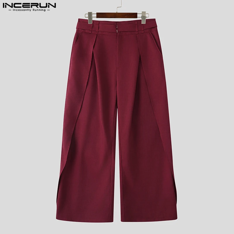 INCERUN Men Wide Leg Pants Solid Color Joggers Button Loose Casual Straight Trousers Men Streetwear 2025 Fashion Male Long Pants