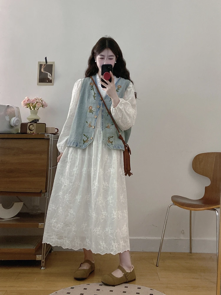 

plus Size Fat MM Forest System Embroidery Lace Long Sleeve Dress And Denim Jacket Set Spring Summer New Design Sense Outfit