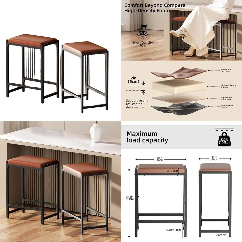 

Pair of 25 Counter Height Stools with Footrests, Synthetic Leather, Mid-Century Modern Style for Kitchen & Dining