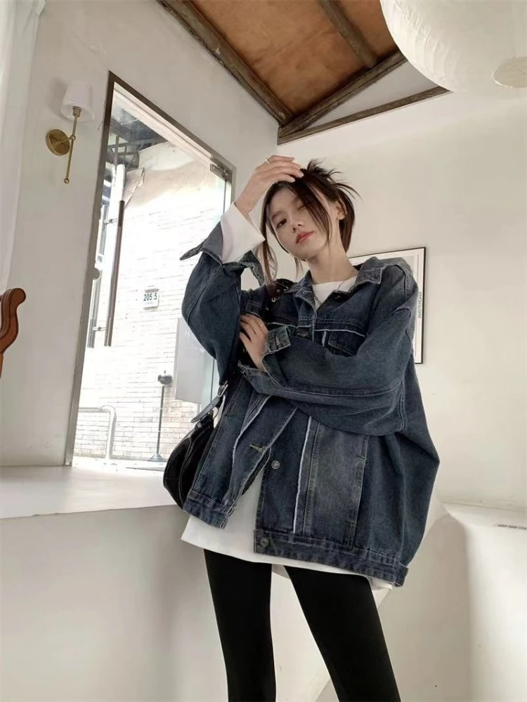 

Women's 2025 New Arrival Washed Denim Jacket Designer Touch Boyfriend Style Polo Collar Loose Long Sleeve Casual Fashion Jacket