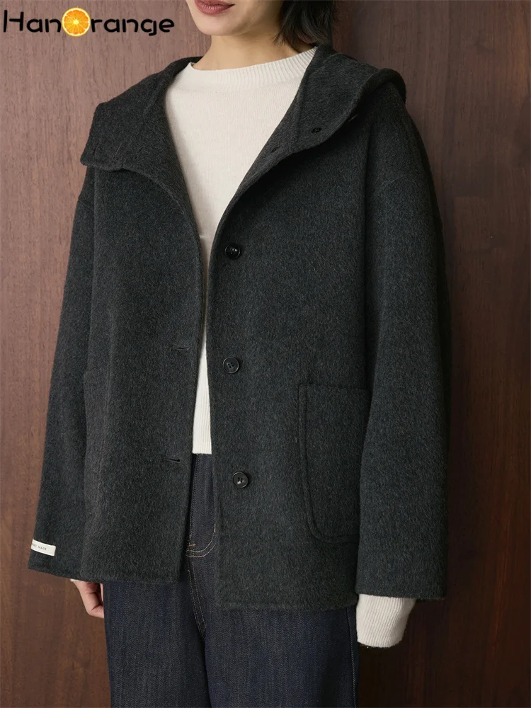 HanOrange 2026 Winter Fashion Hooded Symmetrical Pocket Double-sided Woolen Coat Women Short Loose Jacket Dark Gray/Oat White