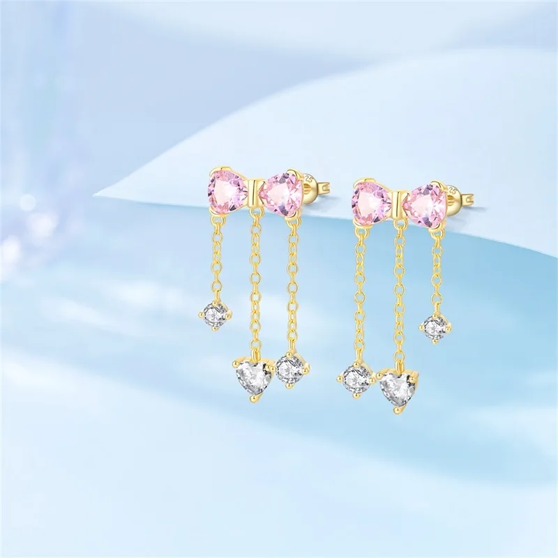 New 925 Sterling Silver Bowknot Tassel Earrings Sparkling CZ Zircon For Women Girls Adorable Birthday Party Cute Jewelry Gifts