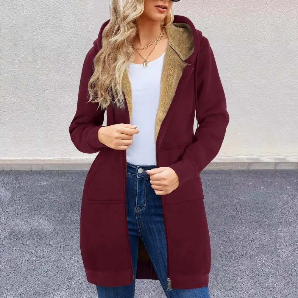 Women Coat Plush-lined Winter Hoodie Coat with Drawstring Closure for Women Mid Length Outerwear Jacket for Commuting Warm