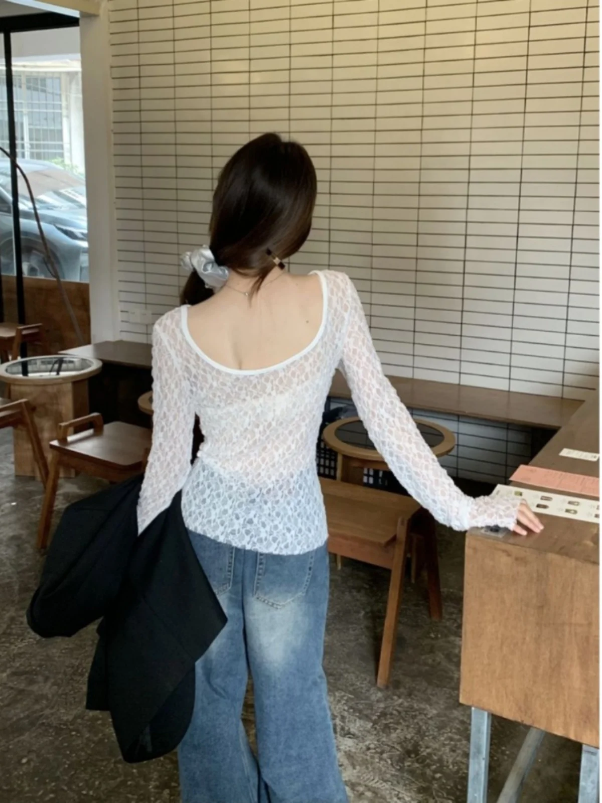 Ele blanc Long Sve dentelle irt femmes coupe ajustée été nouveau Sle évider conception mignon rond Ne Polyester fibre T-shirt