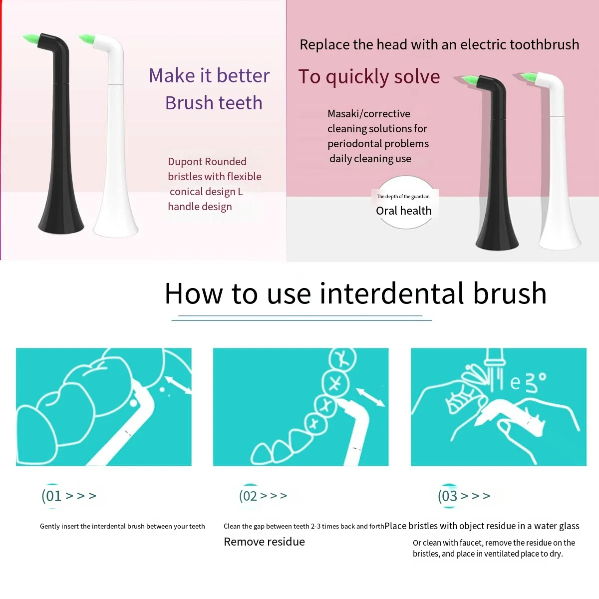 Interdental Replacement Toothbrush Heads for Philips Sonicare Click-on Brush Head System, for Cleaning Braces/Between Teeth/Back