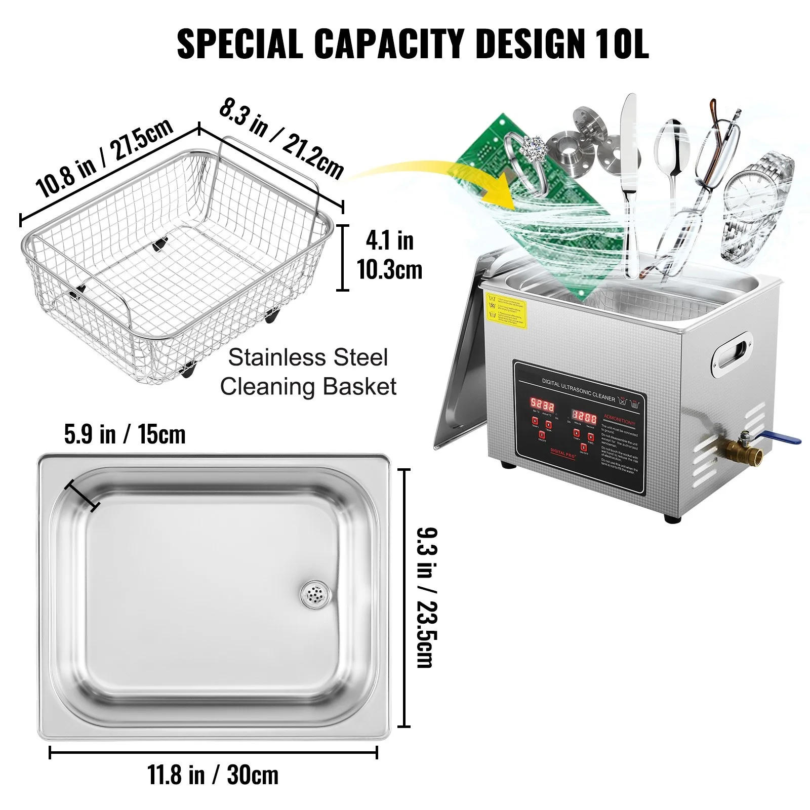 10L Ultrasonic Cleaner Professional Ultra Sonic Jewelry Cleaner Ultrasonic Cleaning Machine for Glasses Watch Rings Small Parts