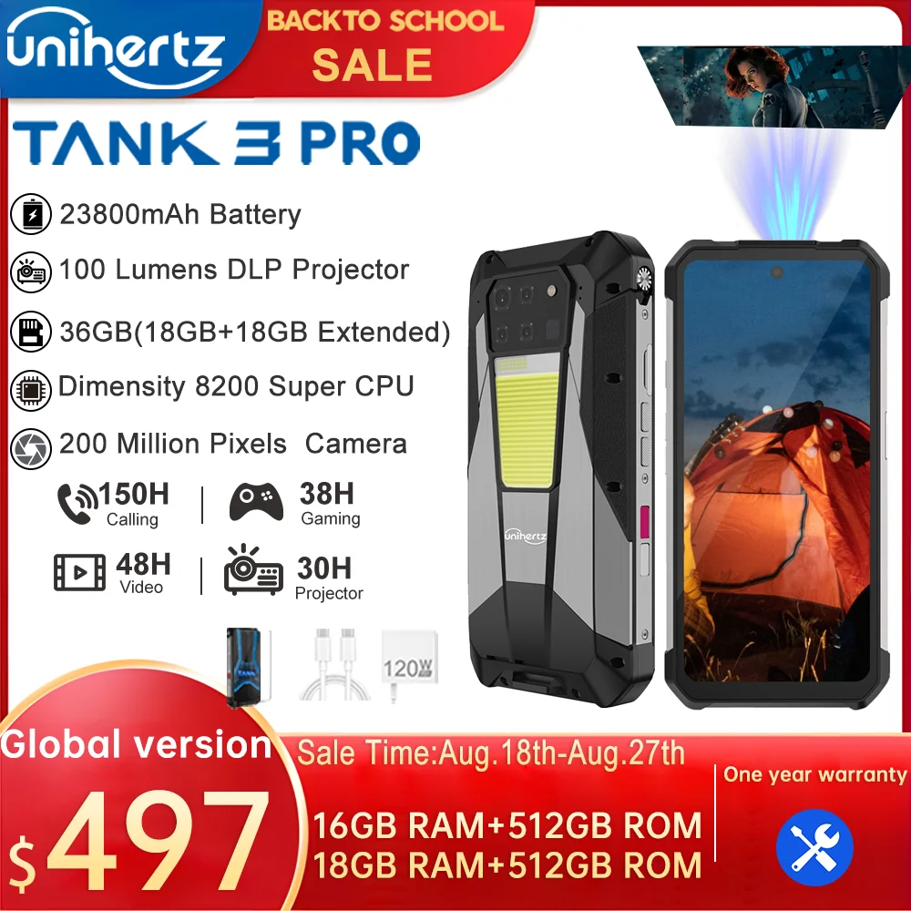 Unihertz Tank 3 Pro 8849 Rugged 5G Phone with 100 Lumens Projector Android 14 32GB 512GB 23800mAh Waterproof Phone WIFI 6 NFC