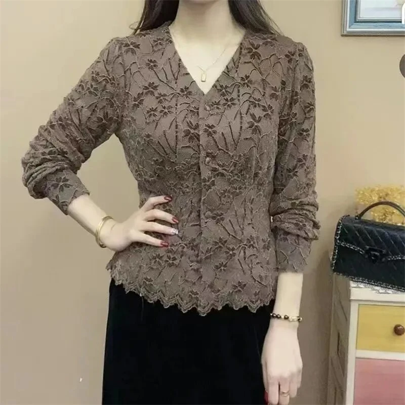 Women\'s Clothing Lace Elegant Single Breasted Cardigan Korean Fashion V Neck Long Sleeve Office Lady Blouses Solid Slim Fit Tops