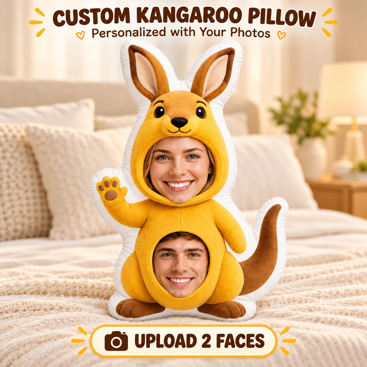 Custom Photo Kangaroo Costume Shaped Pillow Personalized Two Face Cushion Fun Couple Gift for Friends Family Sofa and Home Decor