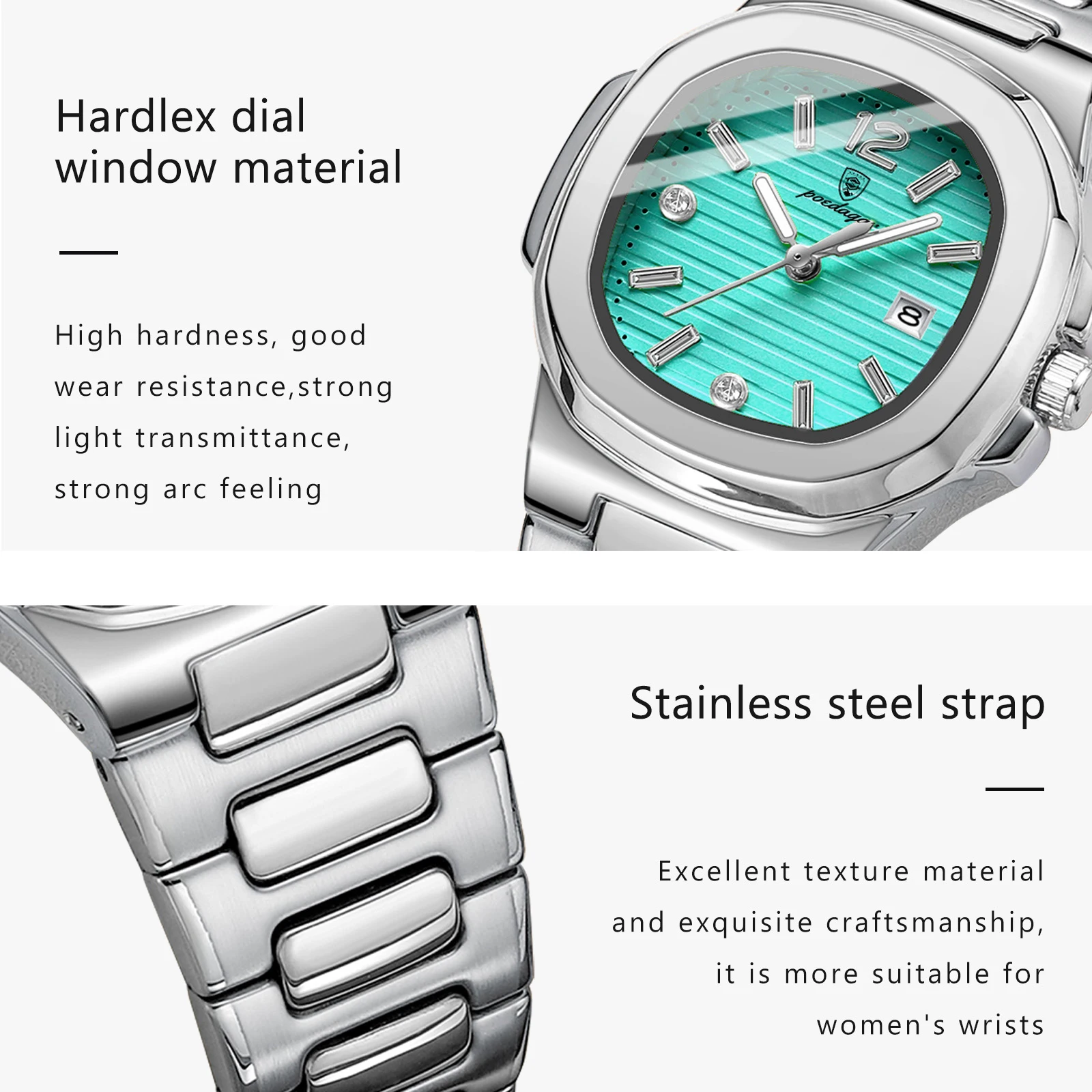 ساعة يد نسائية فاخرة مربعة الشكل من POEDAGAR مضيئة مقاومة للماء من الفولاذ المقاوم للصدأ للتاريخ للنساء ساعات كوارتز عصرية للنساء