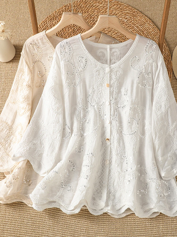 Lace Embroidery V-Neck Sun Protection Shirt Women's plus Size Artistic Style Slimming Sequin Women's Casual Breathable Shirt