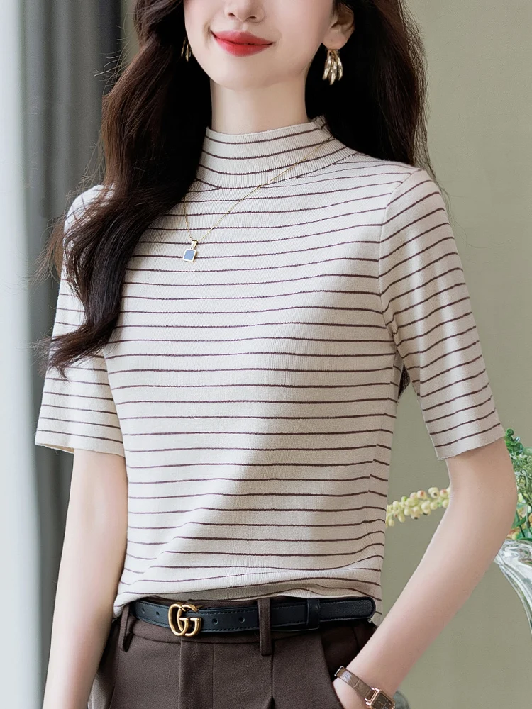 Ice Silk Mid-Sve Knitted Top Women's ort Sle f High Collar Summer T-irt Striped Faionable Small Size Commute Sle