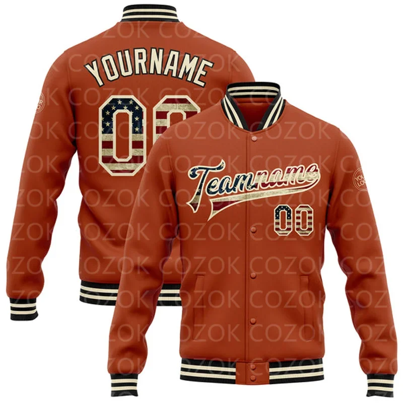 

Custom Orange 3D Printed Baseball Button Jacket Bomber Full-Snap Varsity Letterman Jacket