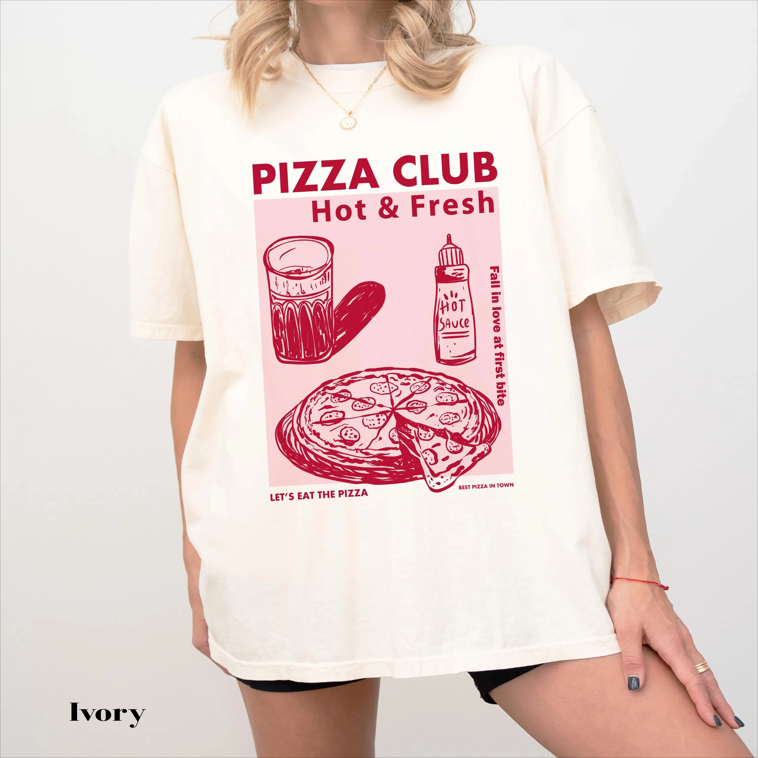 

Plus Size Summer Women's Vintage Pizza Club Graphic T-Shirt Cotton Breathable Stylish Versatile Street Style Oversized